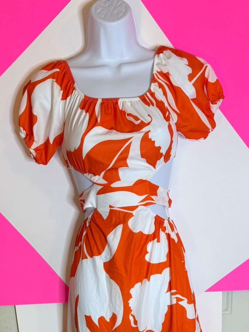 Orange & White Tropical Cutout Maxi Dress Small Vacation Resort Beach